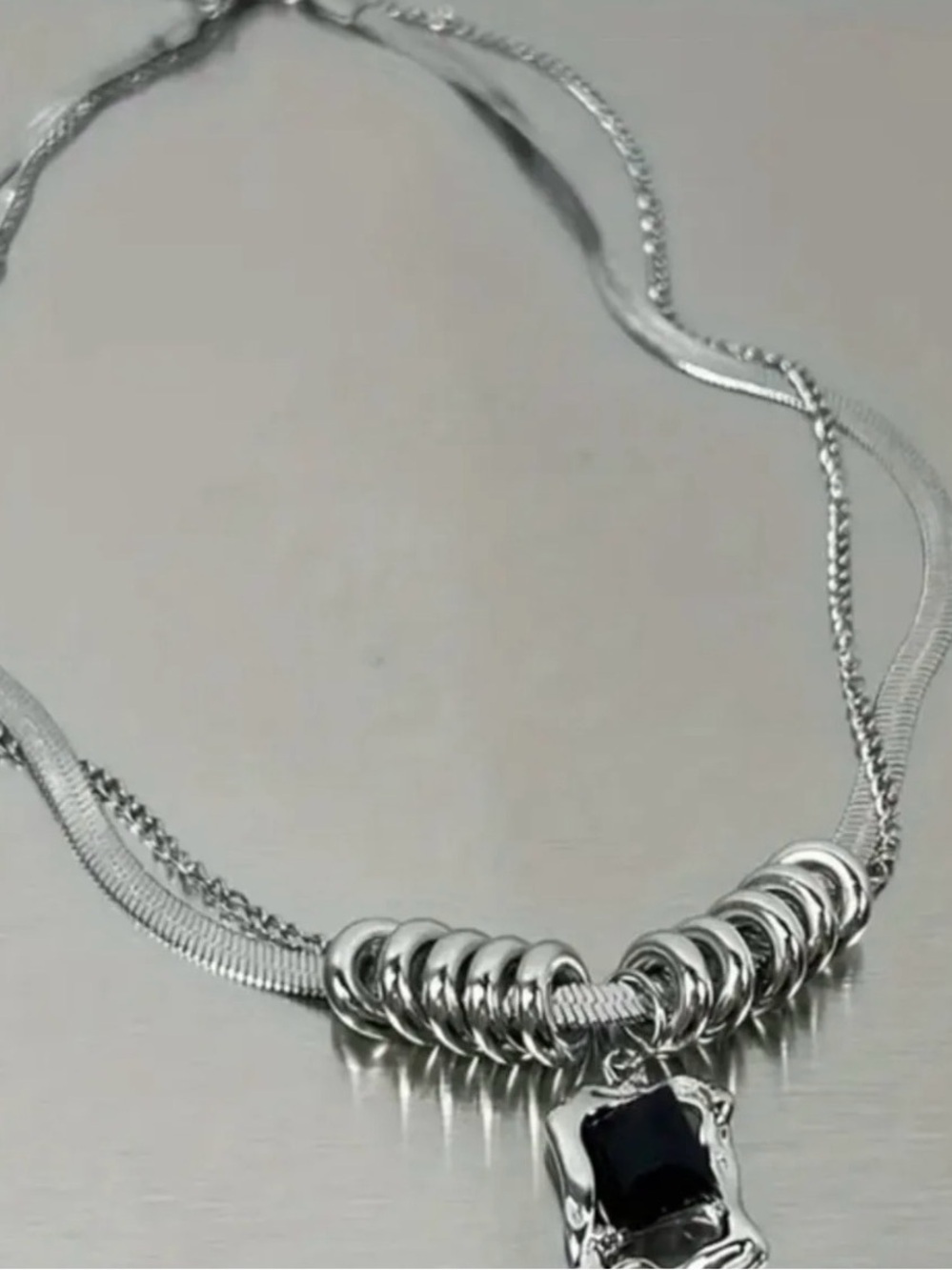 Men's Double Layer Stainless Steel Cuban Link Necklace, Black Gemstone Pendant